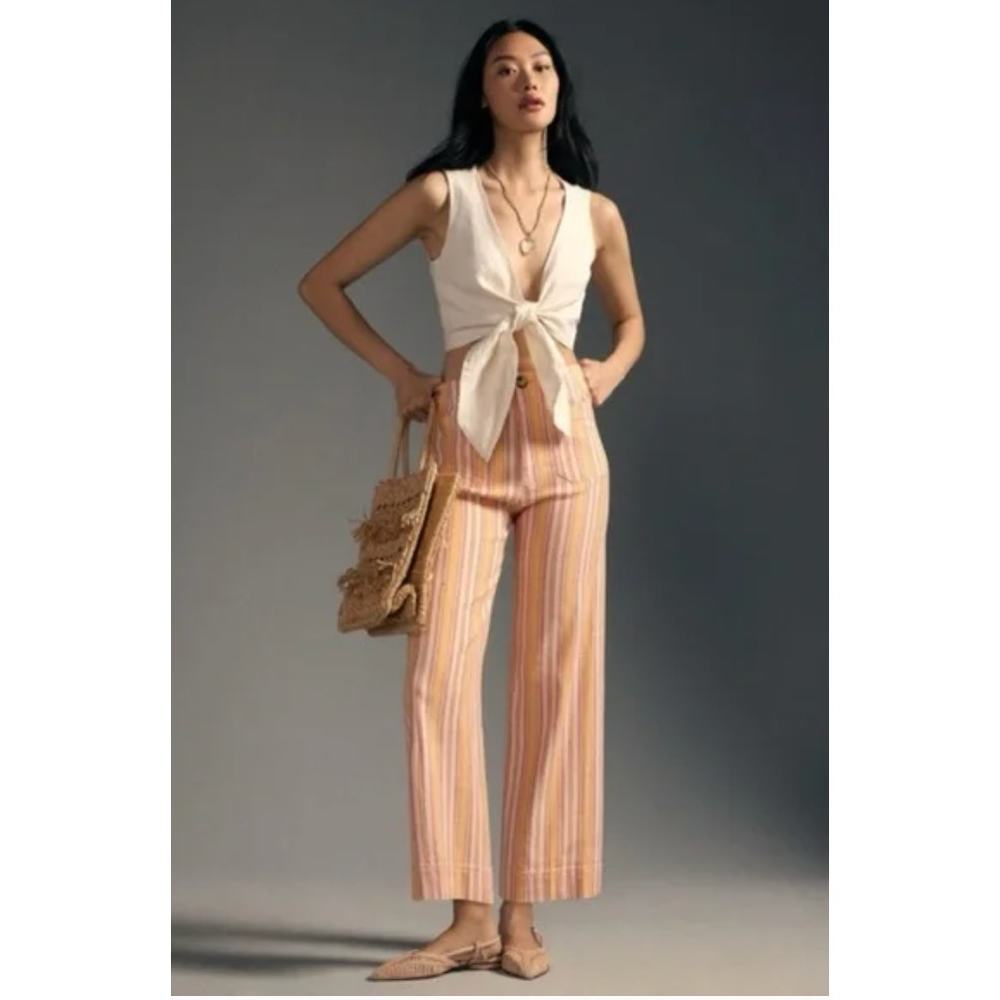 Anthropologie The Colette Cropped Wide-Leg Linen Pants Striped 25 NEW